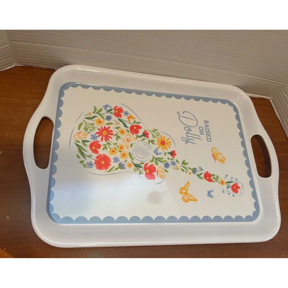Dolly Parton Raised on Dolly Melamine Serving Tray Floral Guitar White 17.5in